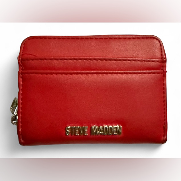 Steve Madden Red Leather Card Holder Gold Hardware Slim Womens Wallet